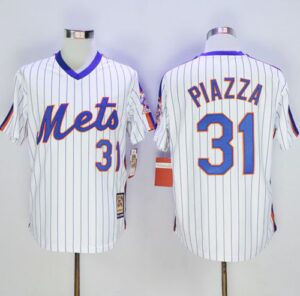 Mitchell And Ness New York Mets #31 Mike Piazza White(Blue Strip) Throwback Stitched Jersey