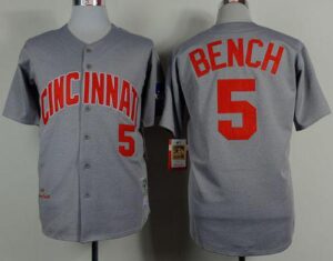 Mitchell And Ness 1969 Cincinnati Reds #5 Johnny Bench Grey Throwback Stitched Jersey