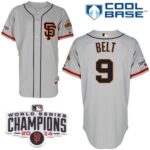 San Francisco Giants #9 Brandon Belt Grey Road 2 Cool Base W/2014 World Series Champions Patch Stitched Jersey
