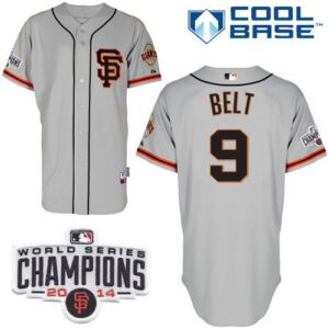 San Francisco Giants #9 Brandon Belt Grey Road 2 Cool Base W/2014 World Series Champions Patch Stitched Jersey