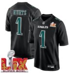Men's #1 Jalen Hurts Carbon Black Super Bowl LIX Fashion Game Player Jersey