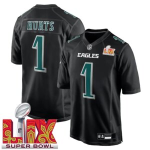 Men's #1 Jalen Hurts Carbon Black Super Bowl LIX Fashion Game Player Jersey