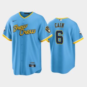 Men's Milwaukee Brewers 2022 City Connect #6 Lorenzo Cain Powder Blue Cool Base Jersey