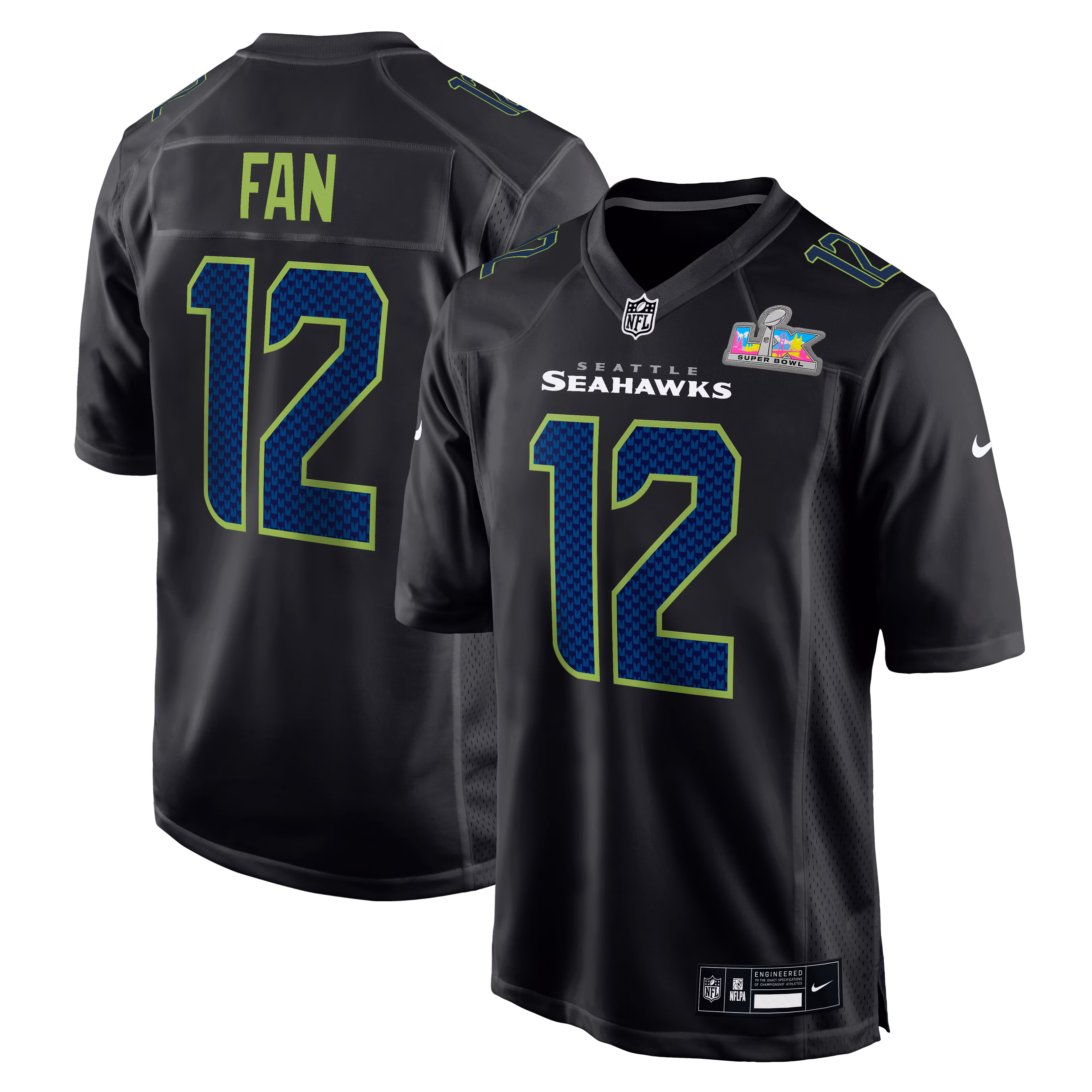 12th Fan #12 Seattle Seahawks  Black Super Bowl LX Patch Carbon Fashion Game Jersey
