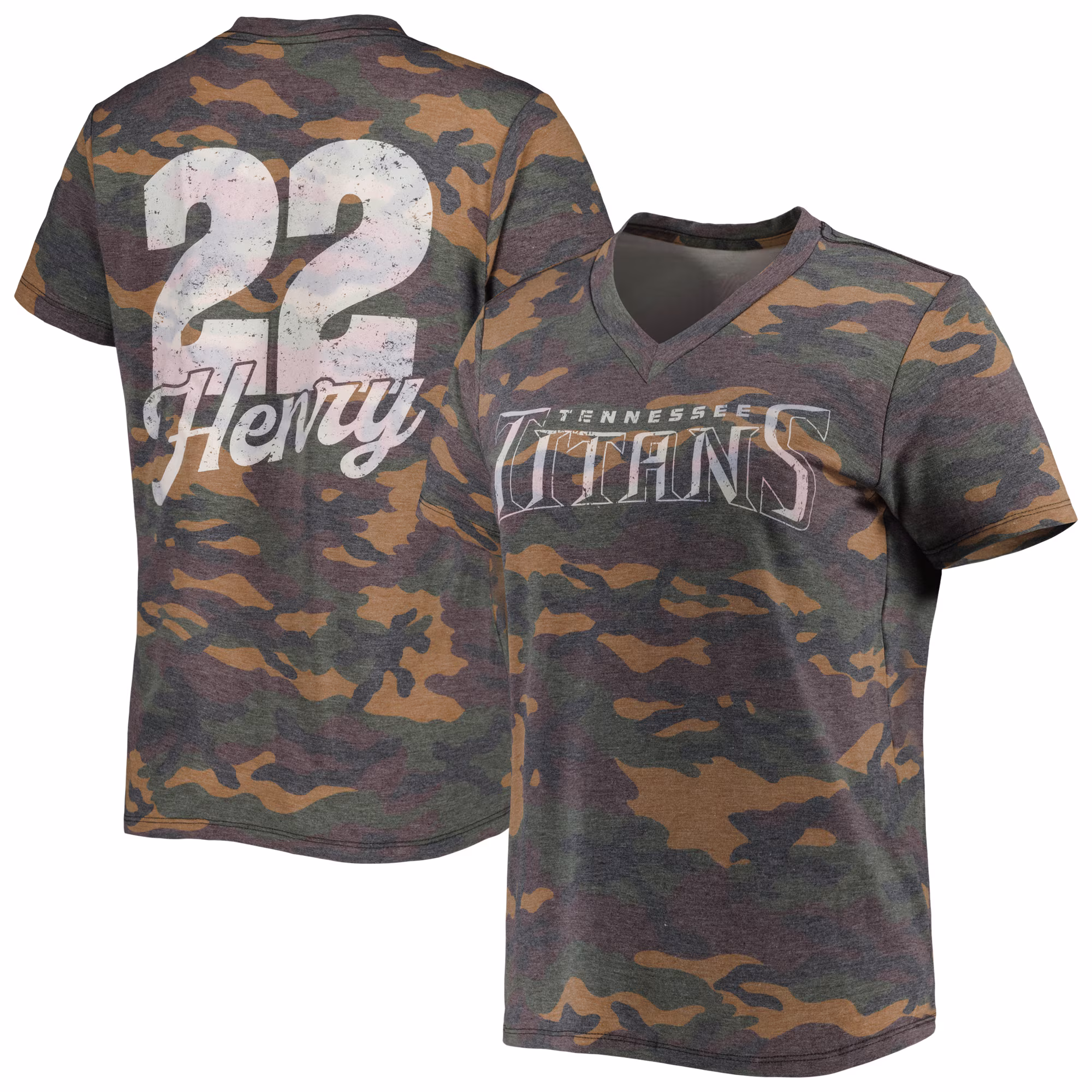 Women's Derrick Henry Camo Tennessee Titans Name & Number V-Neck Tri-Blend T-Shirt