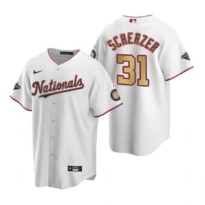 Men's Washington Nationals #31 Max Scherzer White Gold 2019 World Series Champions Stitched Cool Base  Jersey