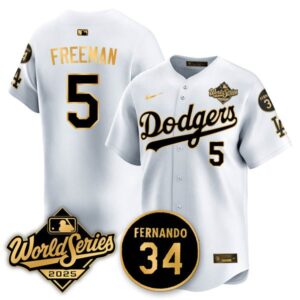 Freddie Freeman #5 Los Angeles Dodgers 2025 National League Champions Jersey - Stitched White Gold