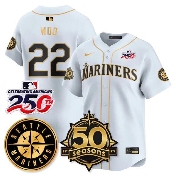 Bryan Woo #22 Seattle Mariners 250th Anniversary & AL West Vapor Premier Limited Jersey - White Gold