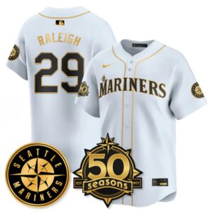 Cal Raleigh #29 Seattle Mariners 50th Anniversary & AL West Vapor Premier Limited Jersey - White Gold