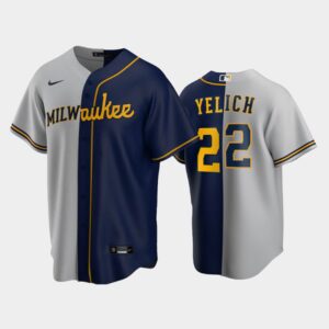 Men's Split Replica Jersey Milwaukee Brewers #22 Christian Yelich Gray-Navy