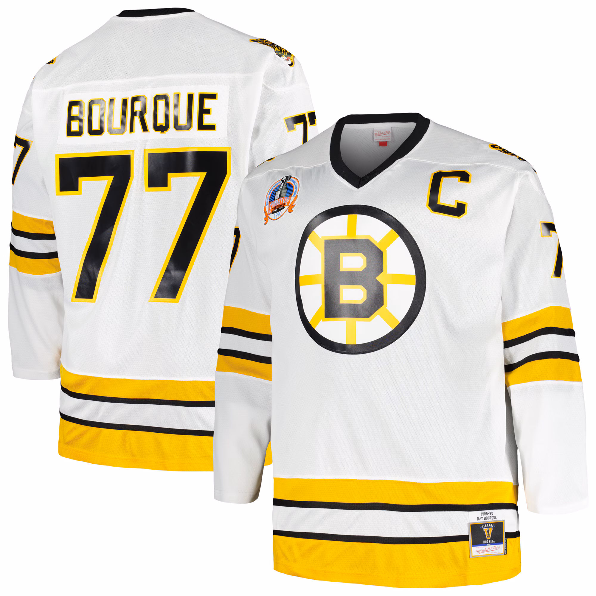 Boston Bruins Ray Bourque #77 Mitchell & Ness White Big & Tall Captain Patch Blue Line Player Jersey