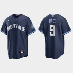 Men's Chicago Cubs #9 Javier Baez Navy 2021 City Connect Cool Base Jersey