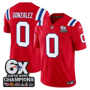 Christian Gonzalez #0 New England Patriots 6-Time Champions Patch Game Jersey - Red