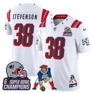 Rhamondre Stevenson #38 New England Patriots 2025 Rivalries 6x Champions & Throwbacks Mascot Patch Vapor Limited Jersey - All Stitched
