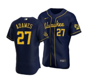 Men's Milwaukee Brewers #27 Willy Adames Navy Flex Base Jersey