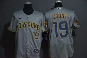 Men's Milwaukee Brewers #19 Robin Yount Grey Stitched Flex Base  Jersey