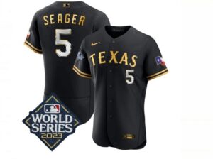 Men's Texas Rangers #5 Corey Seager Black Gold 2023 World Series Flex Base Stitched Jersey