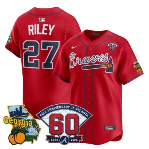 Austin Riley #27 Atlanta Braves 60th Patch Home Limited Player Jersey - Red