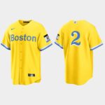 Men's Boston Red Sox #2 Xander Bogaerts Gold Light Blue 2021 City Connect Replica Jersey