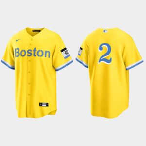 Men's Boston Red Sox #2 Xander Bogaerts Gold Light Blue 2021 City Connect Replica Jersey