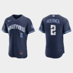 Men's Chicago Cubs #2 Nico Hoerner Navy 2021 City Connect Flex Base Jersey