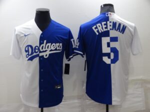 Men's Los Angeles Dodgers #5 Freddie Freeman White-Royal Replica Split Home Cool Base Jersey