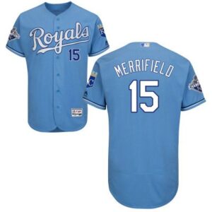 Men's Kansas City Royals #15 Whit Merrifield Majestic Light Blue Alternate Flex Base 2015 World Series Champions Jersey