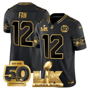 Th Fan #12 Seattle Seahawks Super Bowl LX Gold Patch Game Jersey - All Stitched