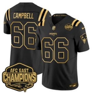 Will Campbell #66 New England Patriots 2026 AFC East Champions Gold Vapor Limited Jersey - All Stitched