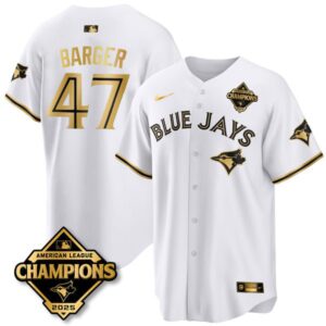 Addison Barger #47 Toronto Blue Jays 2025 American League Champions Jersey Stitched White Gold