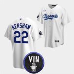 Men's Los Angeles Dodgers #22 Clayton Kershaw 2022 White Vin Scully Patch Cool Base Stitched Jersey