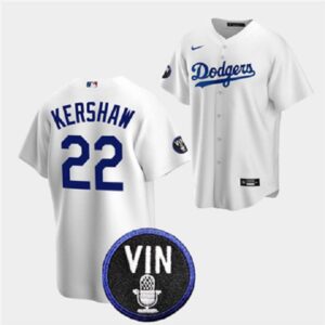 Men's Los Angeles Dodgers #22 Clayton Kershaw 2022 White Vin Scully Patch Cool Base Stitched Jersey
