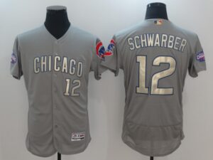 Men's Chicago Cubs #12 Kyle Schwarber Grey Gold Program Flex Base Stitched Jersey