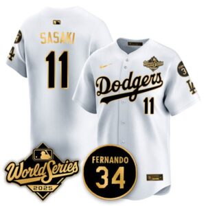 Rōki Sasaki #11 Los Angeles Dodgers 2025 National League Champions Jersey - Stitched White Gold