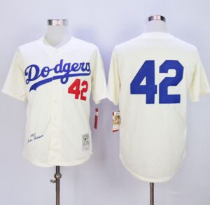 Mitchell And Ness 1955 Los Angeles Dodgers #42 Jackie Robinson Cream Throwback Jersey