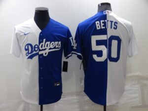 Men's Los Angeles Dodgers #50 Mookie Betts White-Royal Replica Split Home Cool Base Jersey