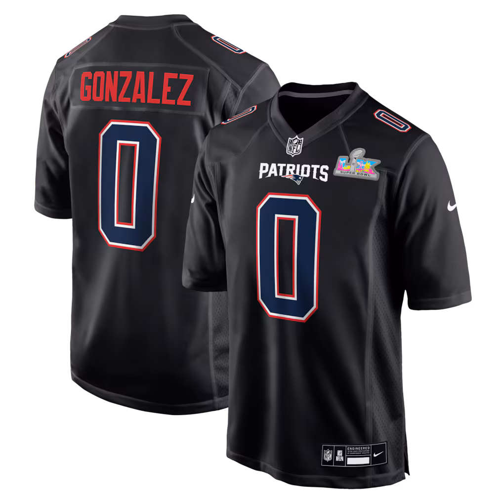 Christian Gonzalez #0 New England Patriots Black Super Bowl LX Patch Carbon Fashion Game Jersey