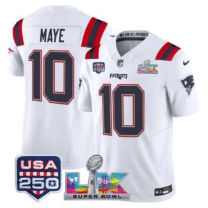 Drake Maye #10 New England Patriots Super Bowl LX 250th Patch Vapor Limited Game Jersey - All Stitched