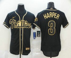 Men's Philadelphia Phillies #3 Bryce Harper Black Golden Stitched Flex Base  Jersey