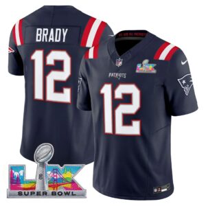 Tom Brady #12 New England Patriots Super Bowl LX Patch Navy Player Game Jersey