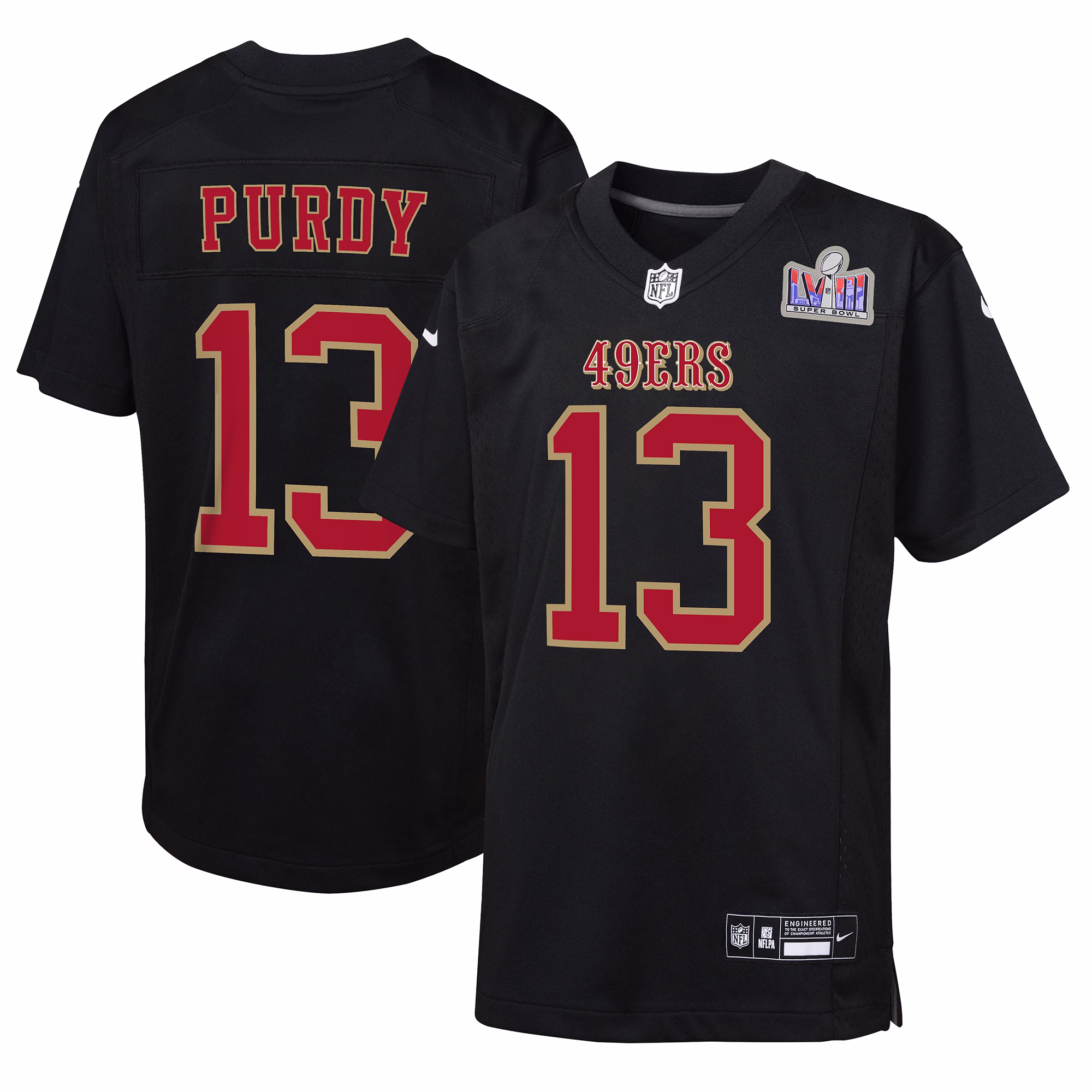 Brock Purdy San Francisco 49ers  Youth 2023 Super Bowl LVIII Patch Carbon Fashion Game Jersey - Black