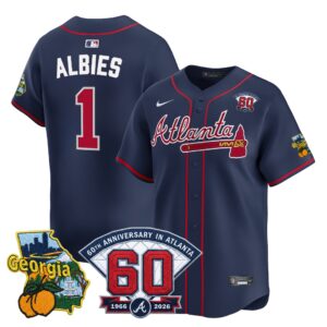 Ozzie Albies #1 Atlanta Braves 60th Patch Alternate Limited Player Jersey - Navy