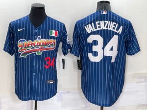 Men's  Los Angeles Dodgers #34 Fernando Valenzuela Blue Rainbow Throwback Cool Base Jersey