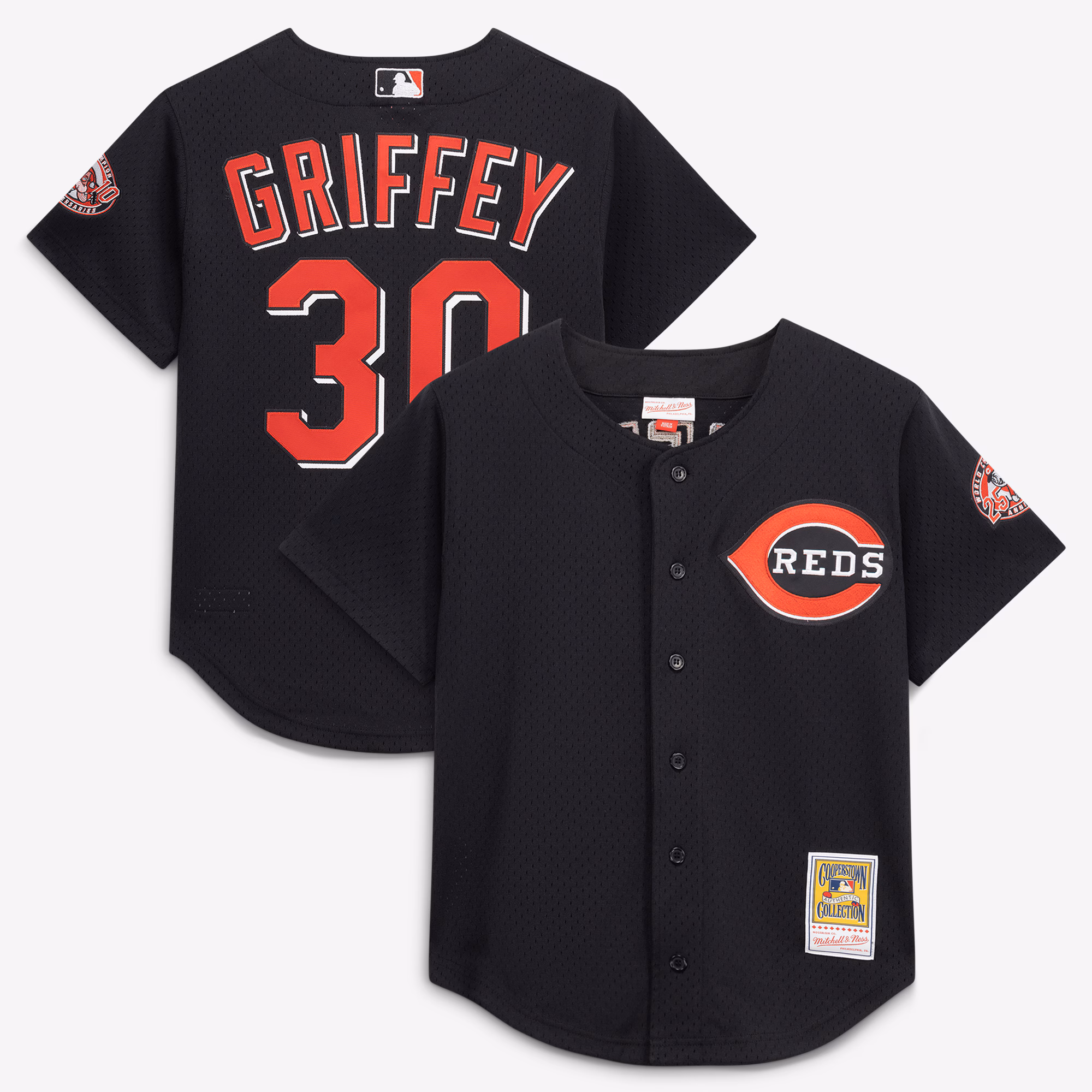 Cincinnati Reds Ken Griffey Jr. #30 Mitchell & Ness Black Cooperstown Collection Mesh Batting Practice Button-Up Jersey