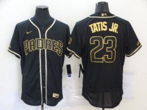 Men's San Diego Padres #23 Fernando Tatis Jr. Black With Gold Stitched Flex Base  Jersey