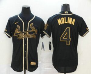 Men's St. Louis Cardinals #4 Yadier Molina Black Golden Stitched Flex Base  Jersey
