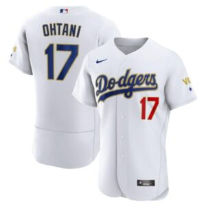 Men's Los Angeles Dodgers #17 Shohei Ohtani Flexbase  Gold Trim White Jersey