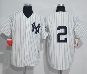 Mitchell And Ness New York Yankees #2 Derek Jeter White Strip Throwback Stitched Jersey