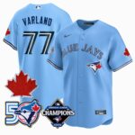Louis Varland #77 Toronto Blue Jays 50th Red Maple Leaf Patch World Series Limited Jersey Stitched - Light Blue