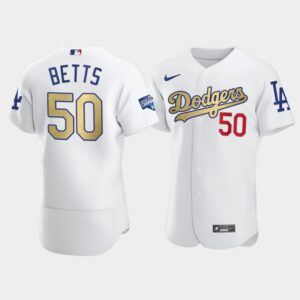 Men's Los Angeles Dodgers #50 Mookie Betts Gold Program Patch White Jersey